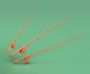 Isometric fishing pole camping object and scene. monochrome yellow camping equipment on green background, 3D Rendering