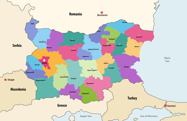 Bulgaria provinces with neighbouring countries and territories vector map
