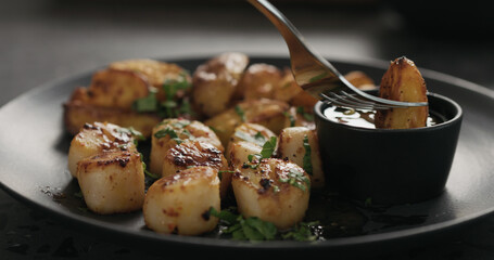 eat roasted scallops with baked potatoes on black plate