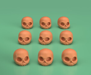 Isometric human skull and bone on the ground monochrome yellow on green background, 3D Rendering, dangerous extreme sports, archeology