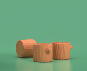 Isometric stump, camping object and scene, monochrome yellow camping equipment on green background, 3D Rendering