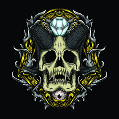 artwork illustration and t-shirt design devil skull engraved ornament premium vector