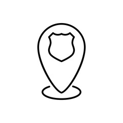 Concepto seguridad. Icono plano lineal chapa de policía en puntero sobre círculo en color negro