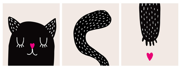 Cute Black Cat Vector Illustration. Lovely Nursery Art with Hand Drawn Kitty, Fluffy Tail, Paw and Pink Heart Isolated on a Light Beige Background. Simple Infantile Style Print for Cat Lovers.