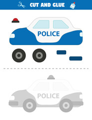 Paper game for preschool children. Learn use scissors and glue. Educational worksheet with police car. © Kristina