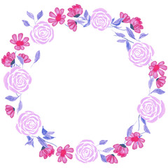 Round frame made of watercolor flowers. Roses and poppies with leaves on white. Gift card with copy space. Stock modern hand drawn illustration. For printed materials, posters, prints, cards, logo