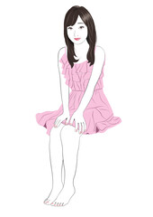 膝に手を置き座る美少女