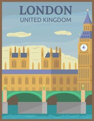 Illustration vector design of retro and vintage travel poster of big ben in London, United Kingdom