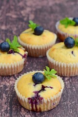 Blueberry coconut muffins garnish with mint leaves
. selective focus