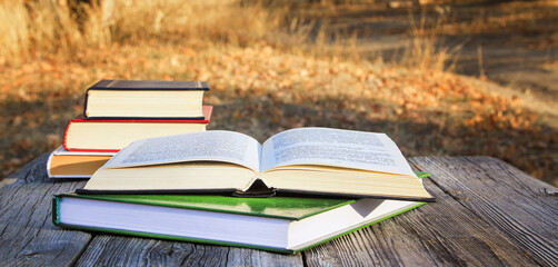 Open book in a stack of books on a table in an autumn park.