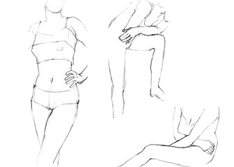 Three women hand drawn in lingerie in different poses
