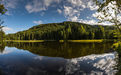 reflection from sky and forest in a clear mountain lake