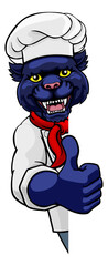 A panther chef mascot cartoon character peeking round a sign and giving a thumbs up