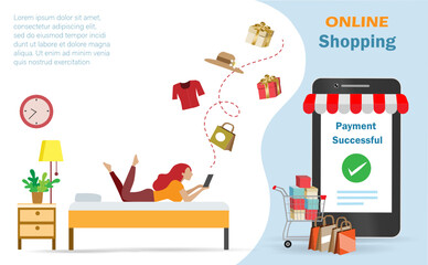 Young woman enjoy online shopping and successful arrange payment on smart phone application in bedroom. Shopping cart and shopping bags aside. Online shopping and financial technology concept.