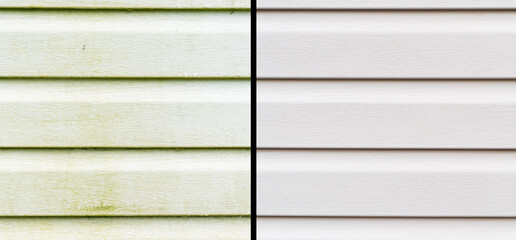 Cleaning service washing building facade with pressure water. Cleaning dirty wall. Power washing...