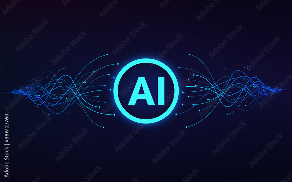 Poster Artificial intelligence. AI text in center and moving blue waves. Machine learning and data analytics. Vector