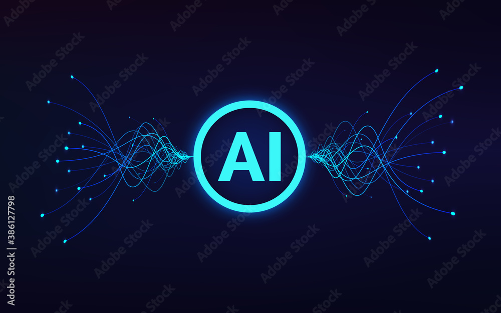 Fototapete artificial intelligence concept. ai text in center and moving blue waves. machine learning and data 