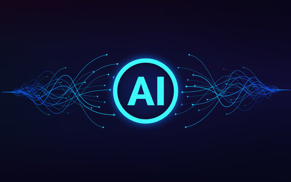 Artificial intelligence. AI text in center and moving blue waves. Machine learning and data analytics. Vector