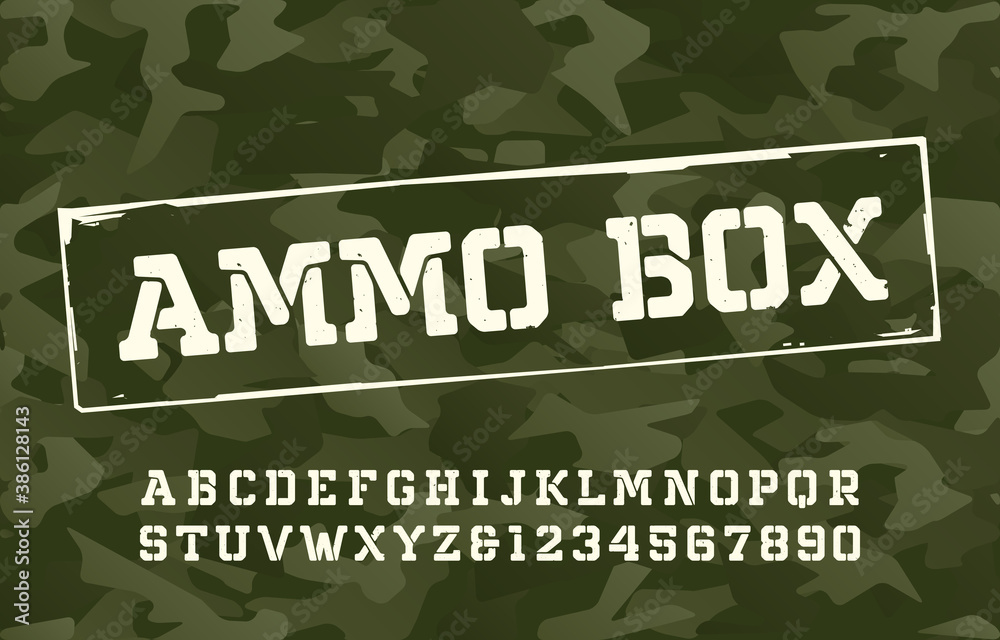 Fototapete ammo box alphabet font. damaged type letters and numbers on camo background. vector typography for y