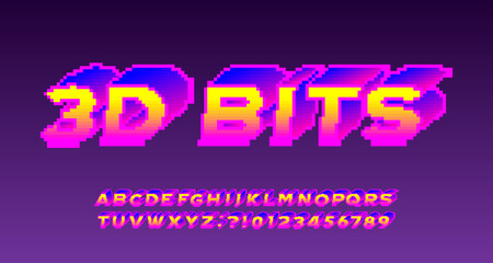 3D Bits alphabet font. Pixel letters, numbers and symbols. 80s arcade video game typescript.