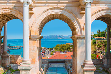 View of Hadrian's Gate, old city of Antalya in the background - Antalya,  Turkey