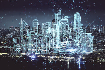 Double exposure of buildings hologram over cityscape background. Concept of smart city.