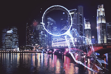 Double exposure of start up theme drawings over cityscape background. Concept of success.