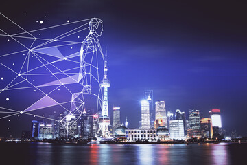 Double exposure of start up theme drawings over cityscape background. Concept of success.