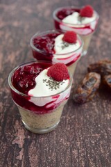 Chia date pudding with yogurt and raspberry sauce