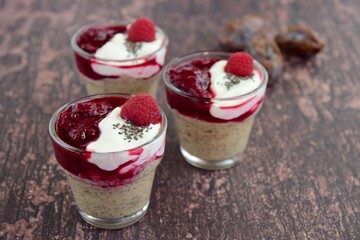Chia date pudding with yogurt and raspberry sauce