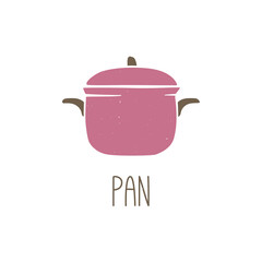Cute caption saucepan isolated on white background. Cozy kitchen pot pictogram original design. Vector shabby hand drawn illustration