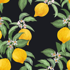 Lemon  seamless vector pattern. Tropical fruit background. Summer exotic print. Hand drawn illustration.