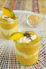 Mango baobab chia yogurt layer with mint leaf
