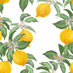 Lemon  seamless vector pattern. Tropical fruit background. Summer exotic print. Hand drawn illustration.