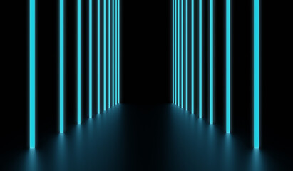 Blue vertical glowing lines. Background of an empty room with neon lights.