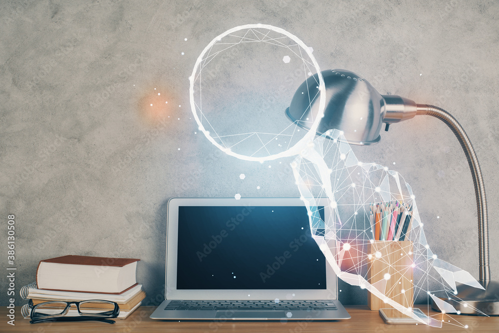 Poster Desktop computer background in office and start up theme hologram drawing. Double exposure. Startup concept.