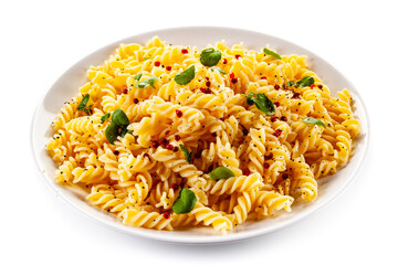 Pasta with parmesan and vegetables on white background
