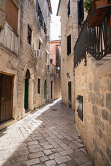 Empty narrow streets in old Kotor, Montenegro