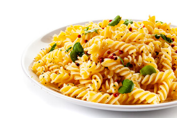 Pasta with parmesan and vegetables on white background
