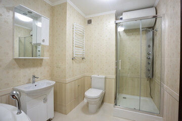 Fototapeta na wymiar Modern bathroom with jacuzzi bath, apartment comfort,luxury spa,
