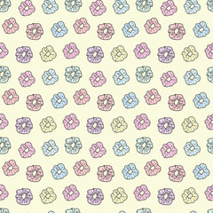 Colorful pastel scrunchies on a yellow background seamless repeat pattern vector background. Trendy girly pattern with hair ties, hair accessories