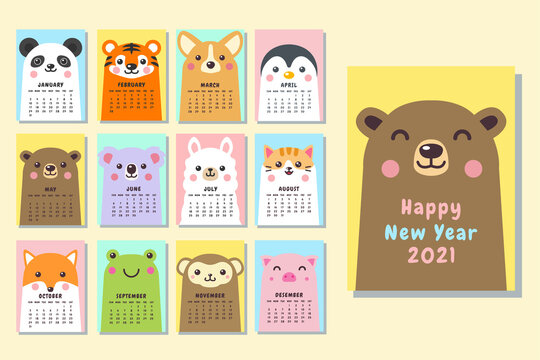 Cute face animal calendar 2021