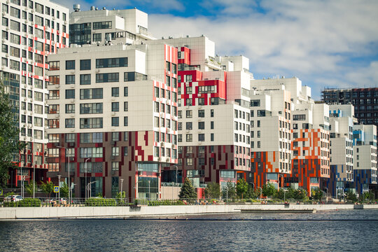New River Park development project in Moscow, a modern block of apartments on the bank of Moscow River in the Nagatinsky Zaton District, Russia