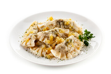 Dumplings - noodles with meat on white background