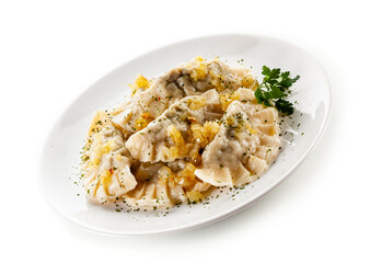 Dumplings - noodles with meat on white background