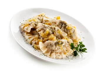 Dumplings - noodles with meat on white background