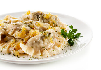 Dumplings - noodles with meat on white background