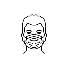 Man in medical mask, vector linear icon.