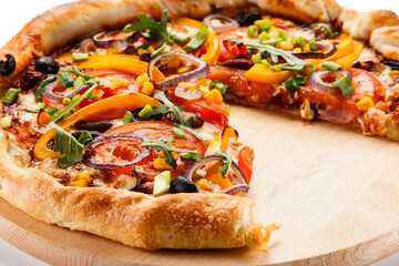 Pizza with ham, mozzarella, champignon and corn on white background
