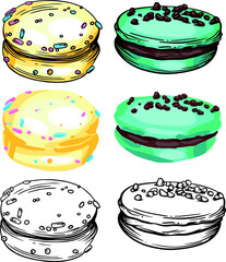 Vector set of macarons cookies of different colors. Color illustration and black and white line. Macaroons images for menus, flyers, banners, and covers.